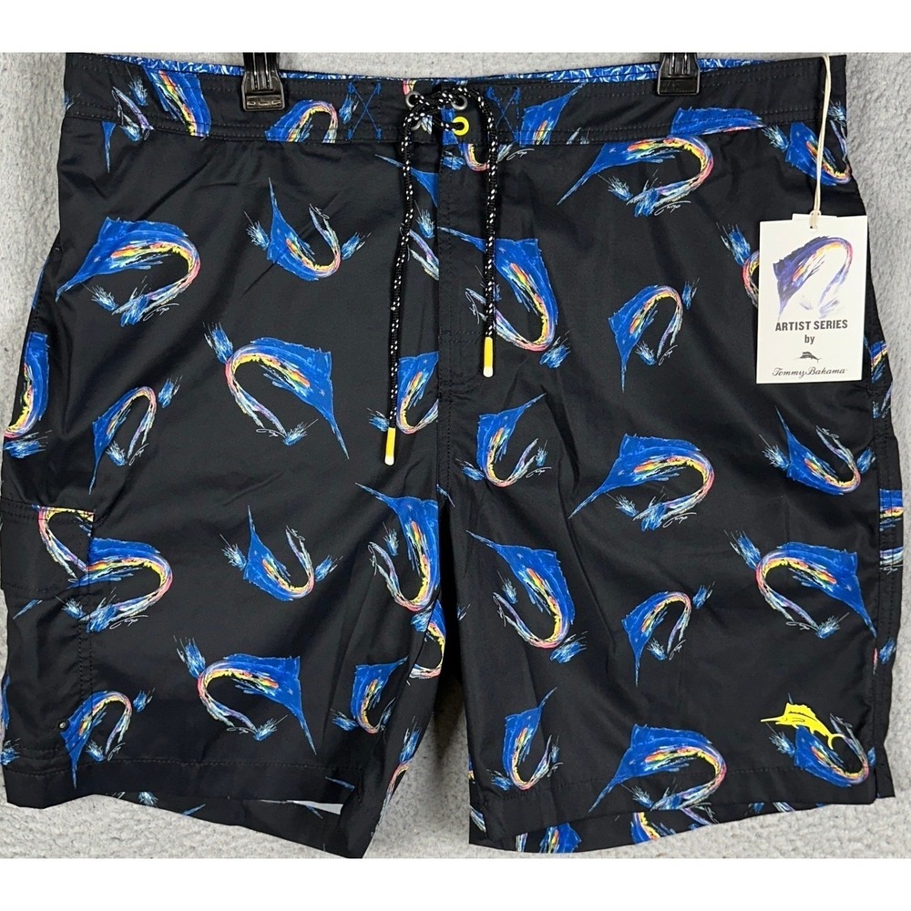 NEW Tommy Bahama Swim Trunks Men 2XL Blue Lined Artist Series Baja Marlin Splash